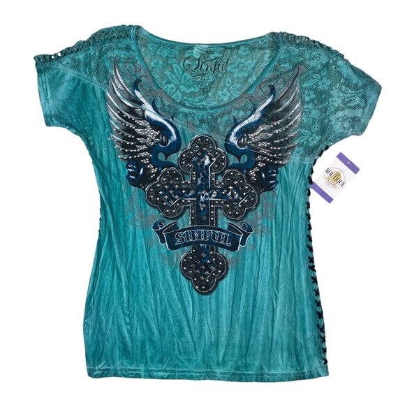 Sinful By Affliction Womens S Lace Tee Distressed Studded Wing Graphic Turquoise - Picture 16 of 16
